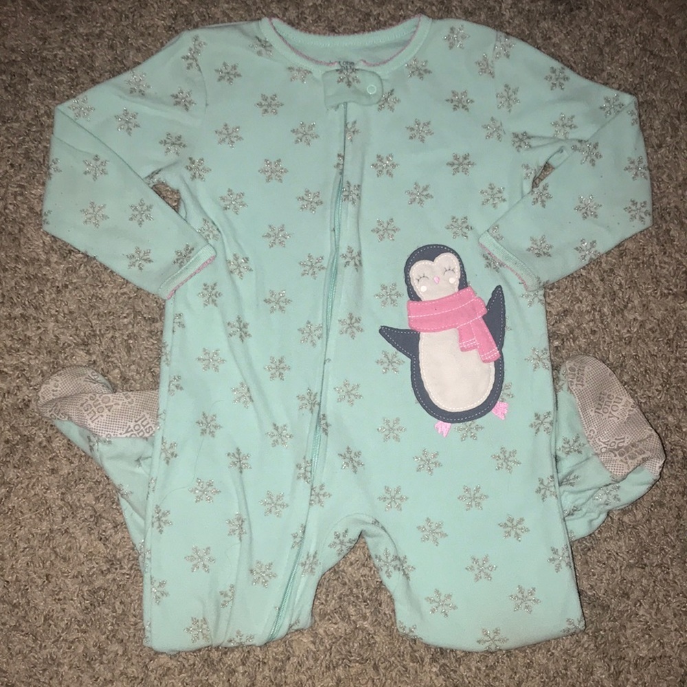 Carter’s Light Blue Glitter Snowflake Penguin Fleece Onesie ZipUp Footie Pajamas